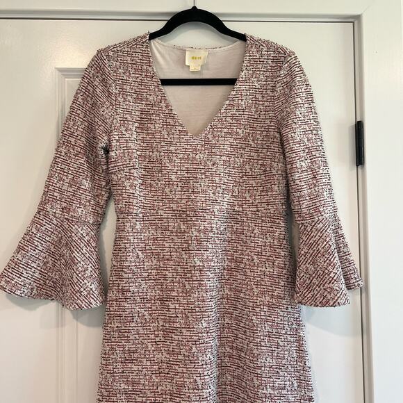 Maeve by Anthropologie Susie Swing Tweed Dress Bell Sleeves White Red Size S - Picture 3 of 10